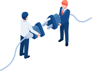 Isometric two businessmen connecting plug together